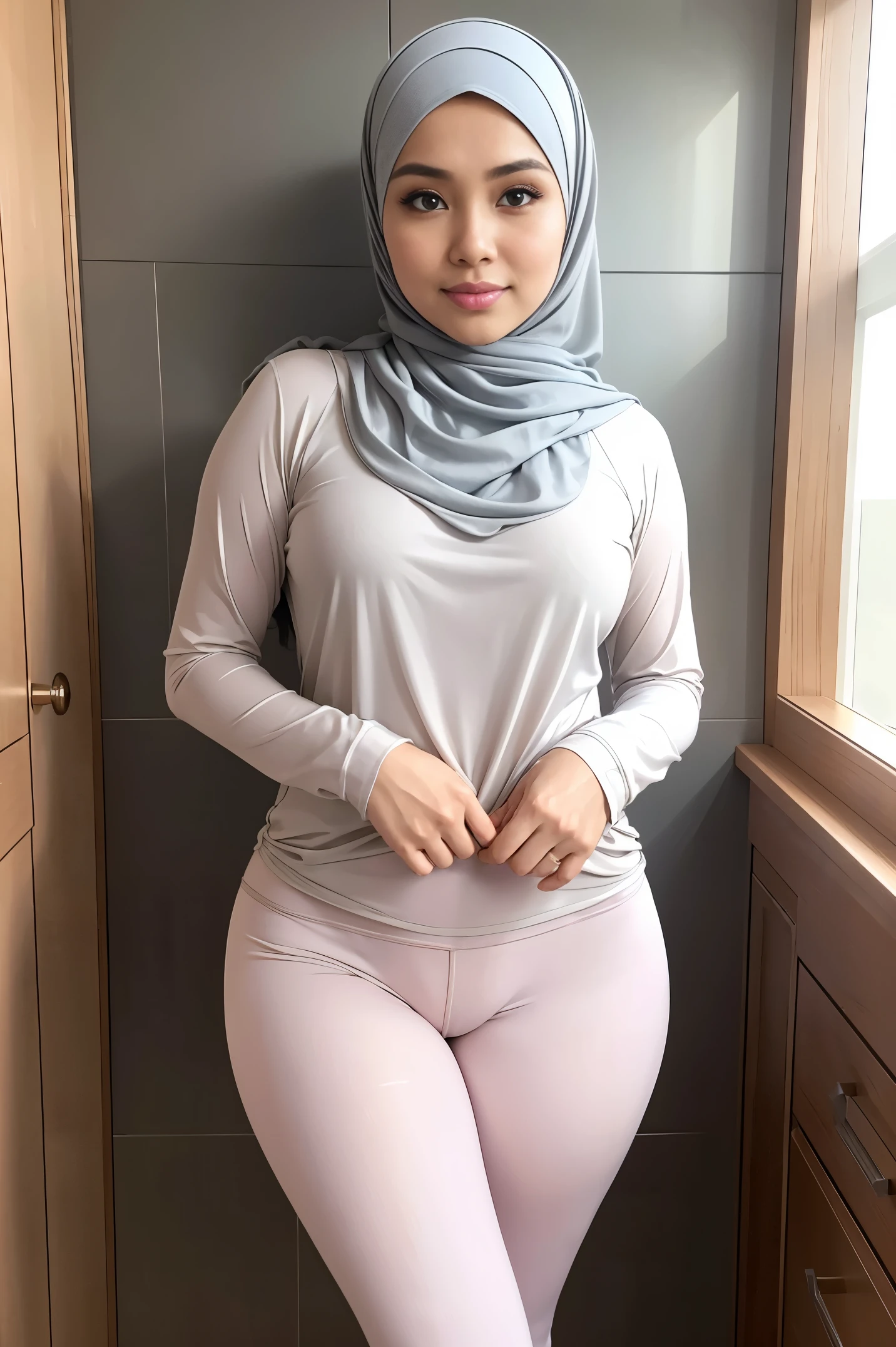 RAW, Best quality, high resolution, masterpiece: 1.8), beautiful Malay woman in hijab, Masterpiece, big gorgeous eyes, Soft smile, wear tight light pastel long sleeve shirt and light pastel tight legging,wet cameltoes,in changing room, Excellent lighting, Bright colors, Clean lines