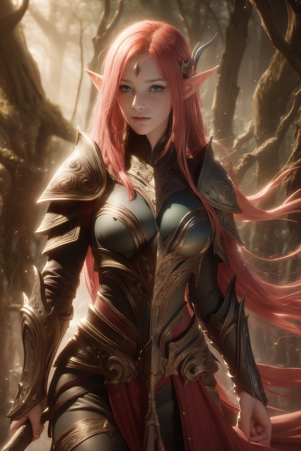 Fantasy, medieval, ((best quality)), ((masterpiece)), (detailed), perfect face, beautiful sexy elf, standing, heroic pose, pink hair, big eyes, purple eyes, black eyeliner, small tits, freckles, wearing elven armor, underboob, cameltoe, greatsword on the back, outdoors, gloomy forest, battlefield