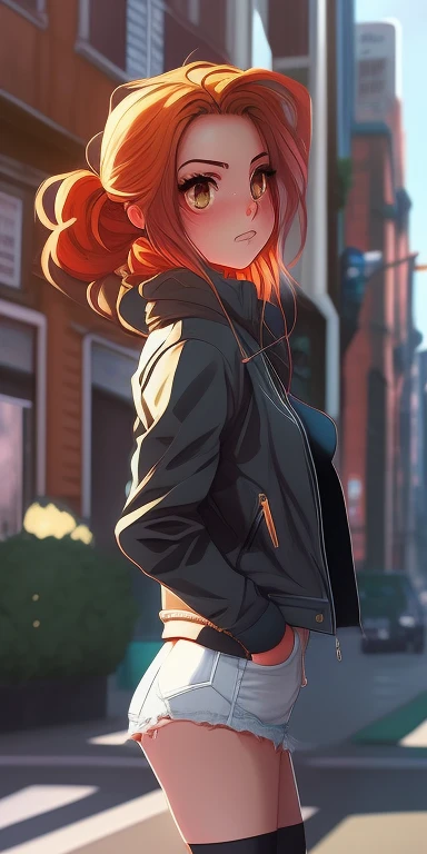 garota de anime em uma jaqueta de couro e calcinha branca parada na rua, Lois van Baarle e Rossdraw, Estilo Ross Tran, Estilo de Arte Loish,  fanart menina, Artgerm e Atey Ghailan, Digital anime illustration, Sem estilo Ross Tran, Art not Guweiz style, Estilo de Alena Aenami, Directed by: Ryan Yee