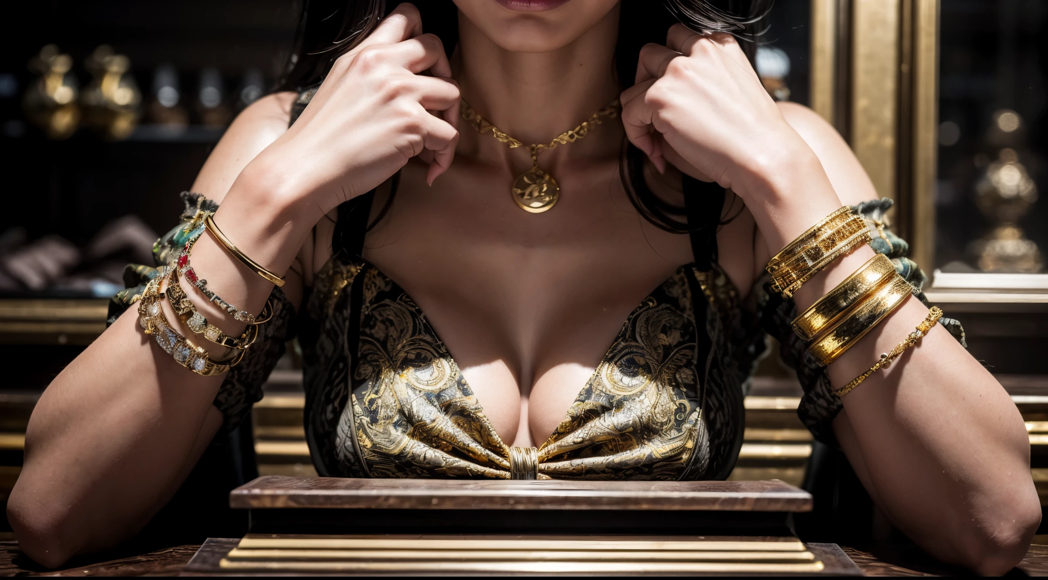 Craft a captivating image that harmoniously captures the splendor of exquisite gold jewelry while artfully integrating elements that evoke the essence of dynamic gold prices. Showcase the intricate details of shimmering gold necklaces, rings, and bracelets against a backdrop that subtly weaves in symbols and charts, symbolizing the perpetual motion and allure of the gold market's fluctuations