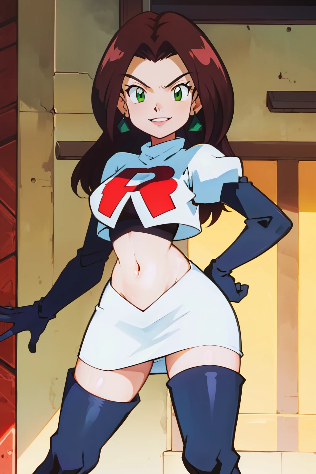 dorothea, green eyes, ,glossy lips ,team rocket,team rocket uniform, red letter R, white skirt,white crop top,black thigh-high boots, black elbow gloves , looking at viewer, evil smile, sexy poses