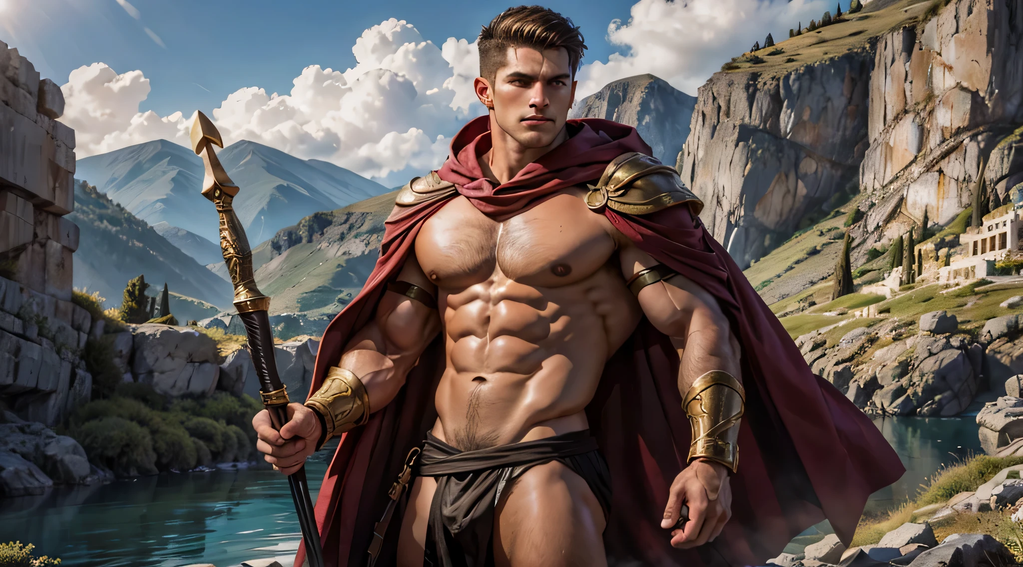 broad male muscular spartan warrior, olive-skinned, clean-shaven, short slick dark black messy hair, brown eyes, facial symmetry (((detailed Greek masculine features))), posing with greek inspired spear and shield, crimson red cloak, greek inspired background landscape including eurotas river and dense mountains (((idyllic))), partial nudity, ultra-detailed, aesthetic, masterpiece, best quality