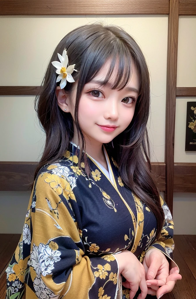 NSFW image、((natta、Real Light、top-quality、8K images、​masterpiece:1.3))、非常にA detailed eye、extra detailed face、high detailed skin texture、(Beautiful girl with normal body shape:1.4)、(beautiful brown hair:1)、Kimono with intricate embroidery、Japanese pattern、florals。komono、gazing at viewer、Blushing cheeks、hyperdetailed face、A detailed eye、Happiness、huge smile、naked girl sitting on bed、florals柄、Shrine of Japan、torii gate、First visit