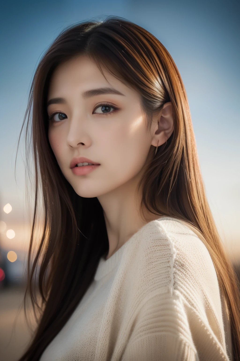 ((top-quality、in 8K、​masterpiece:1.hot reality(1.4))、full body Esbian,Raw photo、woman 1、ligh brown hair、Layer Hair、wearing a knit shirt、Super delicate facial Japan、Delicat eyes、二重まぶた、Composition of the golden ratio、natural and realistic perspective、Waiting for someone、cold winter sky、I see fireworks、