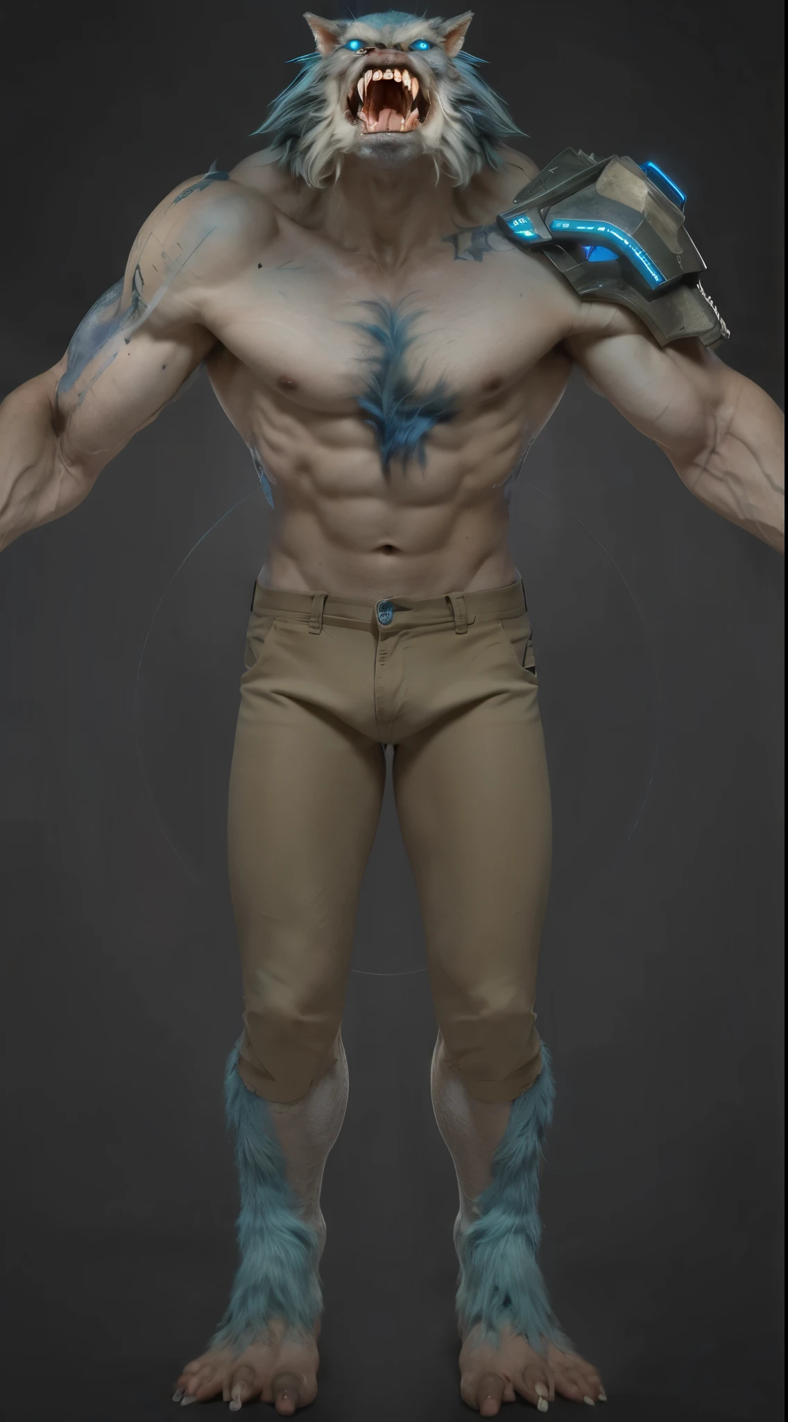 (masterpiece),(best quality:1.0),(ultra high resolution:1.0),monster, werewolf, blue hair, blue eyes, torn pants, hair on legs, menacing look,claws, wolfteam, face focus, 8k wallpaper, full body