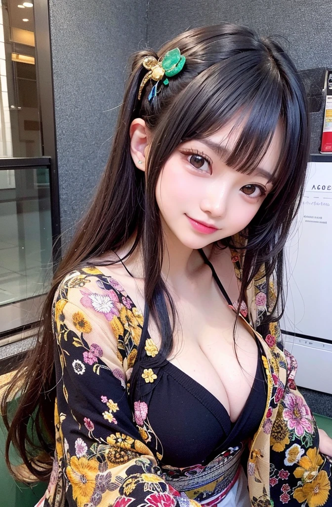 NSFW image、((natta、Real Light、top-quality、8K images、​masterpiece:1.3))、非常にA detailed eye、extra detailed face、high detailed skin texture、(Beautiful girl with normal body shape:1.4)、(beautiful brown hair:1)、Kimono with intricate embroidery、Japanese pattern、florals。komono、gazing at viewer、Blushing cheeks、hyperdetailed face、A detailed eye、Happiness、huge smile、naked girl sitting on bed、florals柄、Shrine of Japan、torii gate、First visit