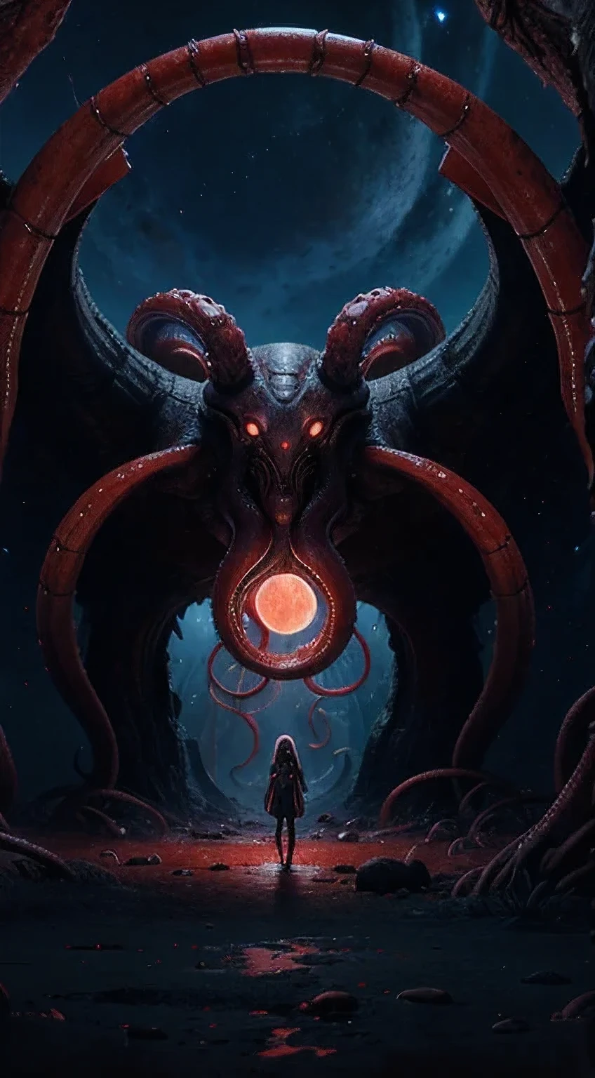 (CosmicSpiders:1.2) (TimeSocietyTomoe:1.2) (DarknessEighties:1.3) (TentacleBeast:1.2), ((RAW, analog style)), cinematic lighting, atmospheric lights, god rays, ultra detailed, bloom, dramatic atmosphere, centered, rule of thirds, f/2.8, 100mm, Knee Level Shot,