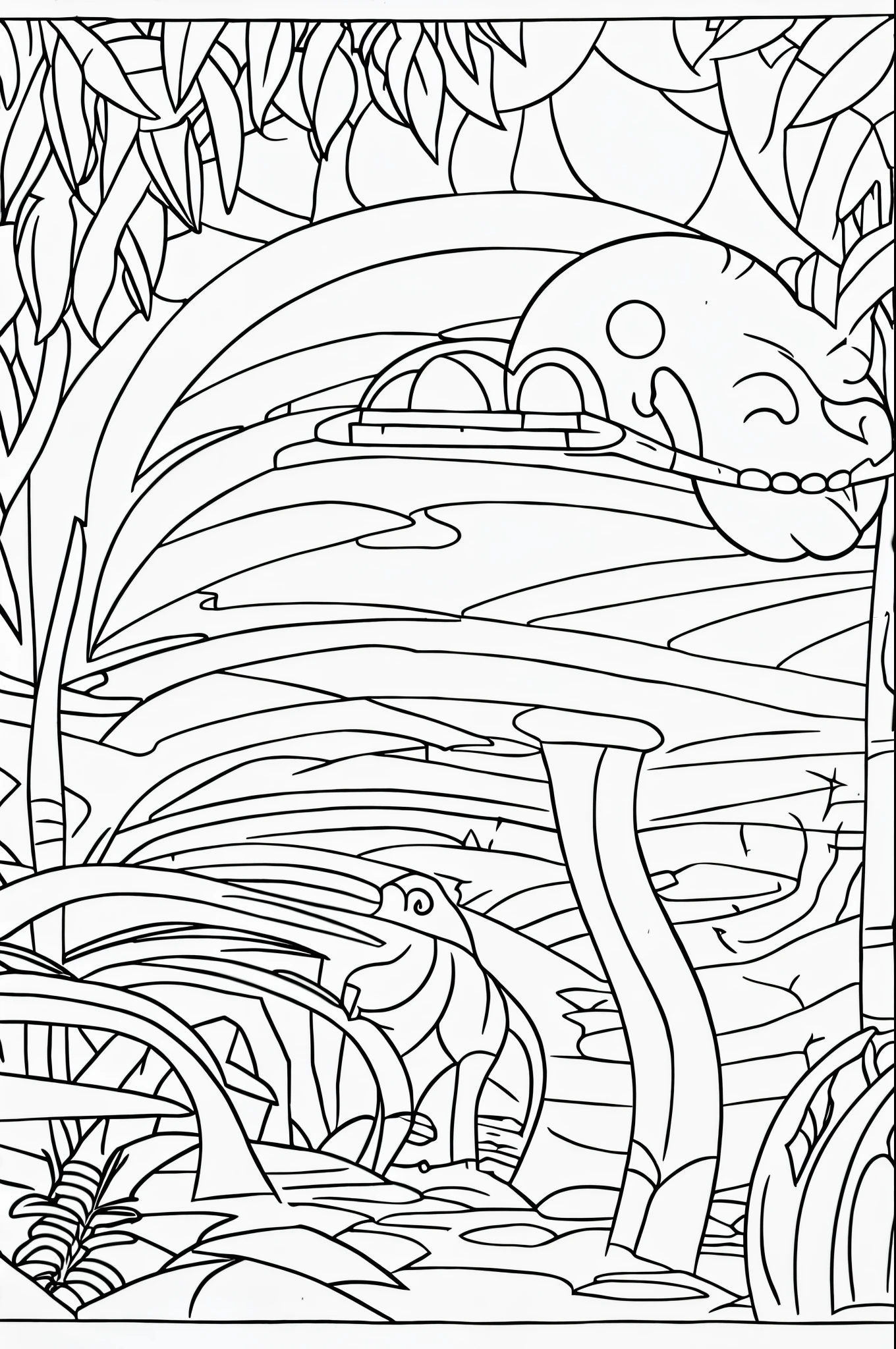 coloring sheet outline, full screen, extraterrestrial, jungle biome, space setting, first point of view