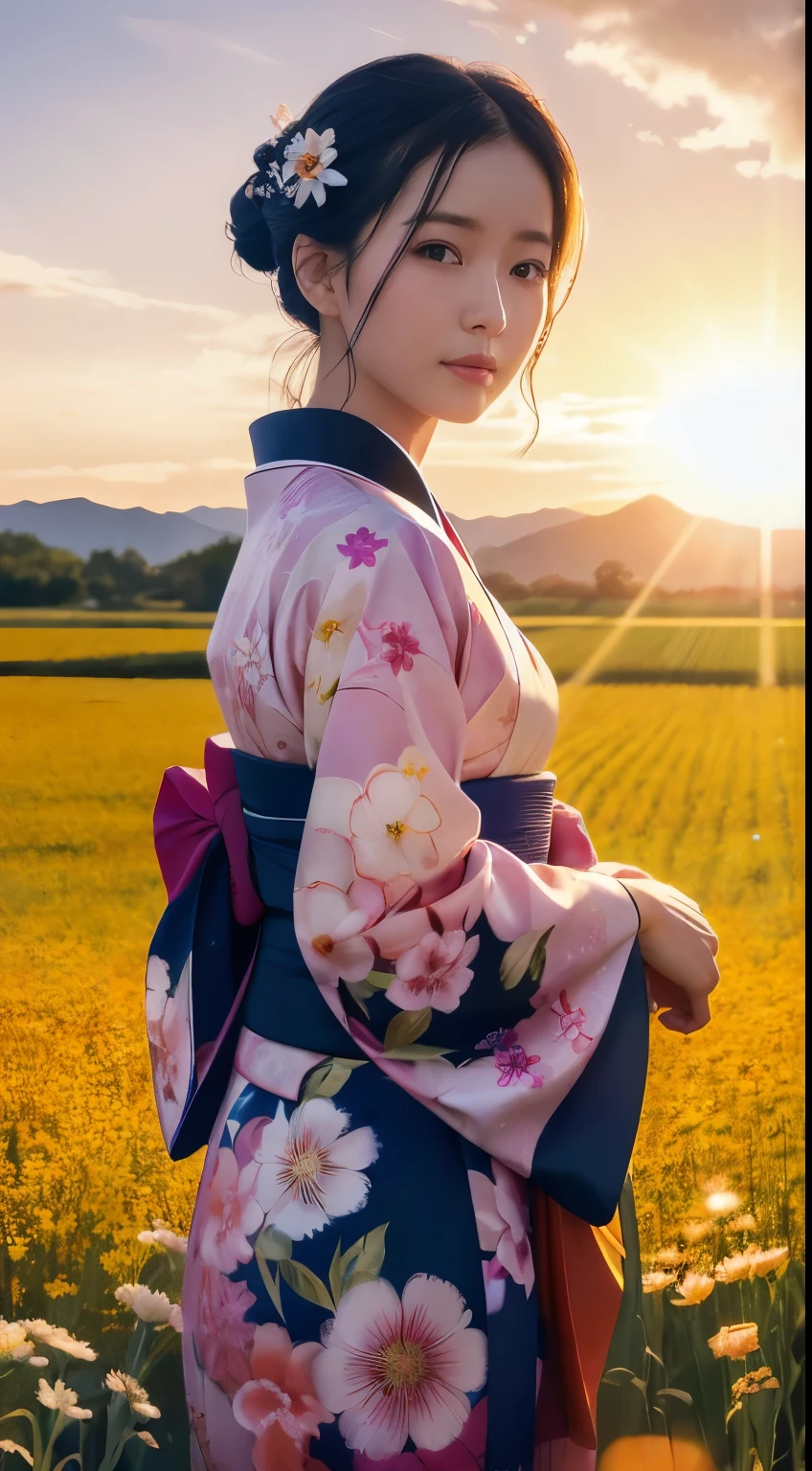 Ultra high-definition images,Super beautiful woman details,Portrait of a cute kimono woman in a bright windy field, River, (Backlighting), Realistic, masutepiece, Highest Quality, Lens Flare,  bloom, [[chromatic abberation]], Manzanedo, Digital Painting, Style - Glass Final, Natural skin texture whole body high definition painting,