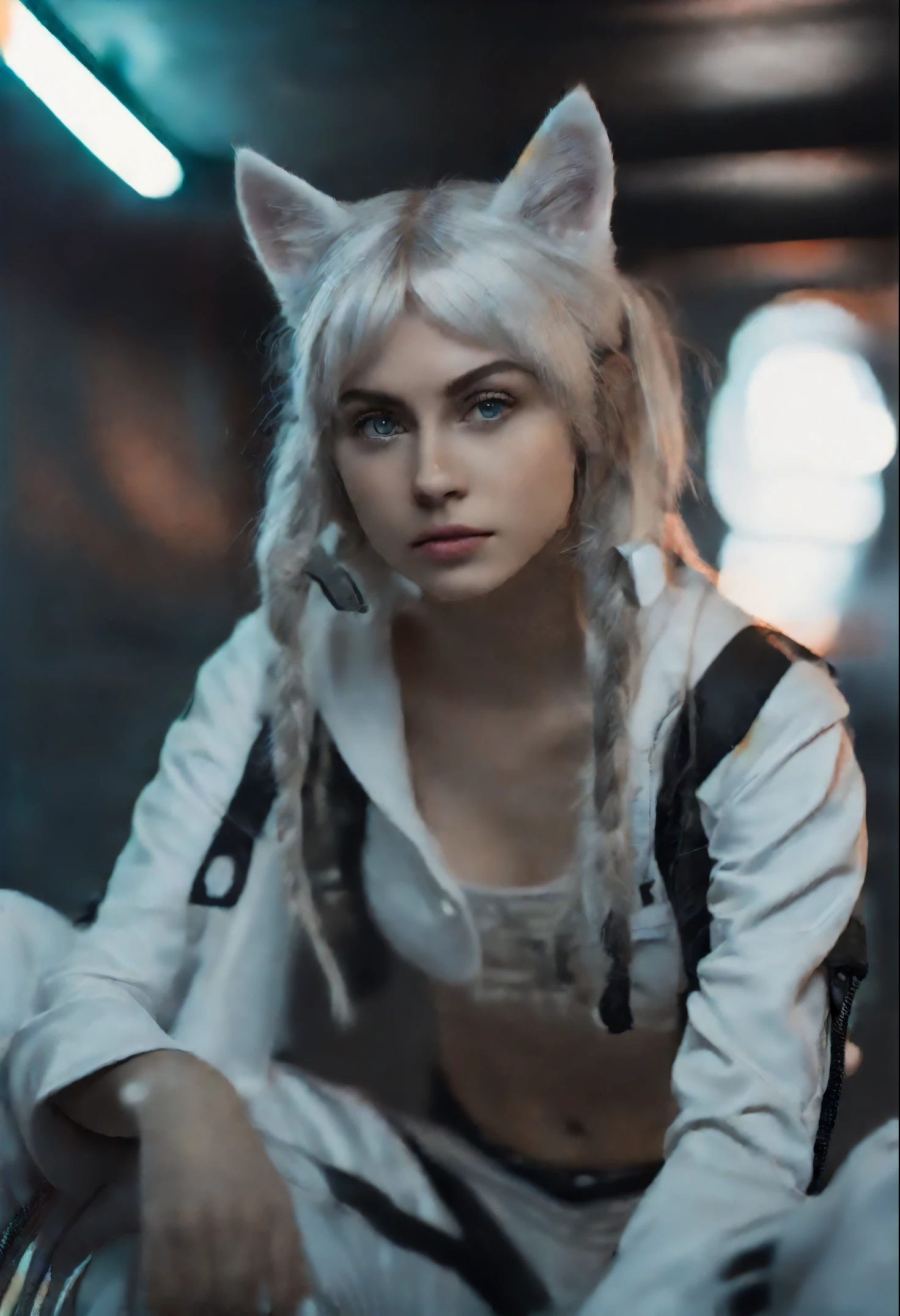 White girl,  sitting on a bed,  in a cyberpunk steel bunker with hatches etc.,  in the background. she is wearing white cats ears. She has twintail hairstyle. 16 years old girl,  slim petite,  small girl,  beautiful breasts. Masterpiece,  8k,  4k,  high resolution,  dslr,  ultra quality,  sharp focus,  tack sharp,  dof,  film grain,  Fujifilm XT3,  crystal clear,  8K UHD,  beautiful eyes with very large Dilated pupils,  high detailed skin,  skin pores,  seductive,   look,  bewitching lady with beautiful long hair,   full lips,  long legs,  lovely face wearing torn vaultsuit clothes. , realistic colors, realistic, photorealistic