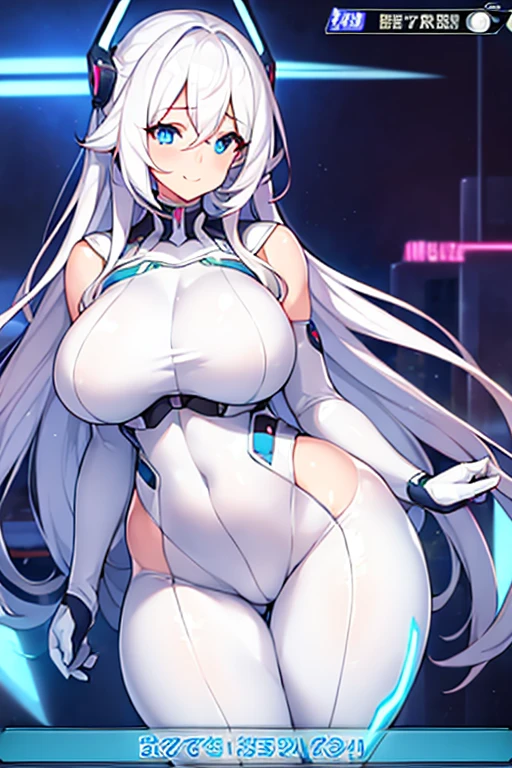 1girl, , , wide , thick thighs, wide , light skin, , white , white hair, long hair, blue eyes, futuristic, science-fiction, tech, neon trim, neon, smile, ((anime screencap)), anime screencap, text, japanese text
