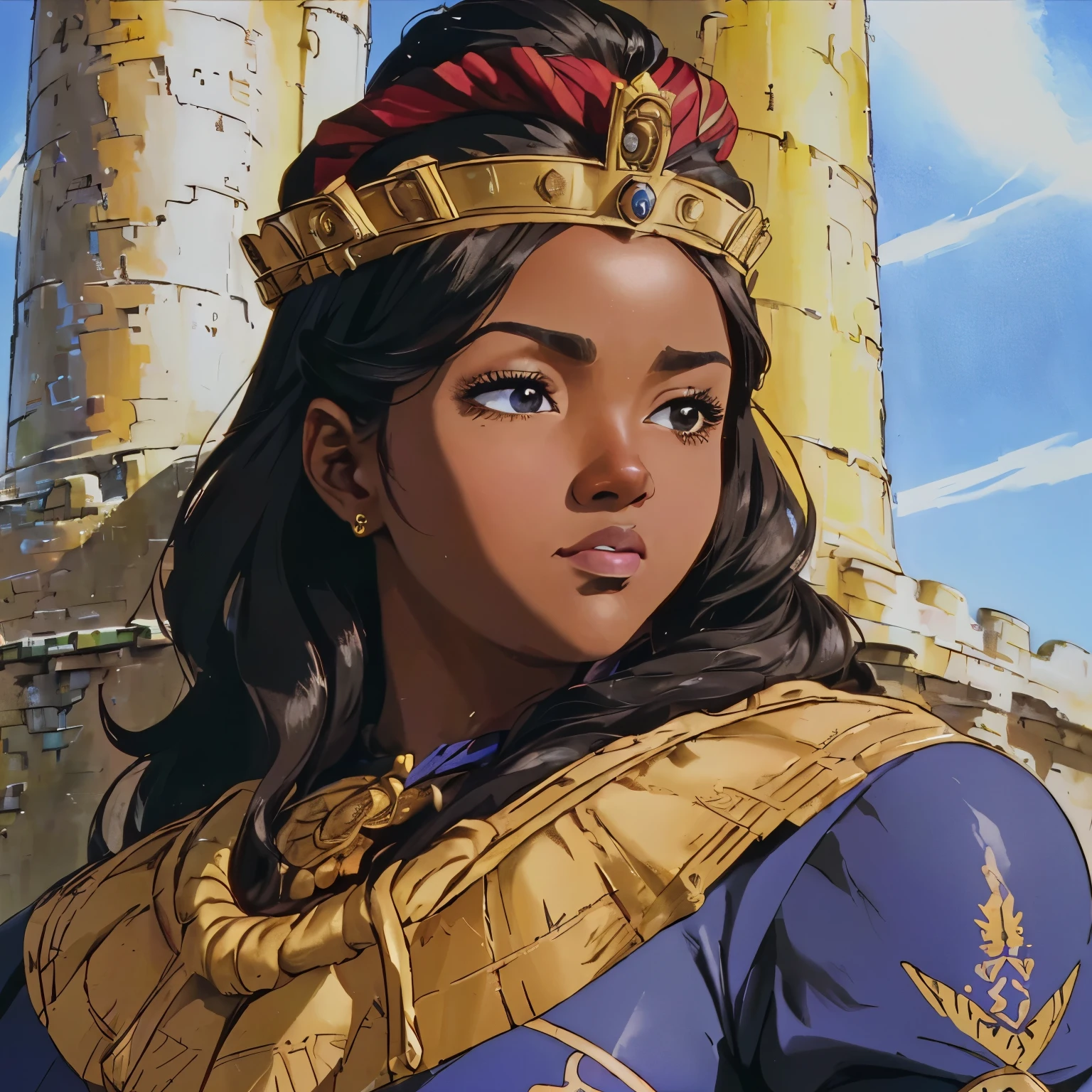 (best quality,highres:1.2,ultra-detailed,realistic:1.37),oil painting,portrait,black woman,dressed like a ship captain,beautifully detailed face,fat body,confident expression,regal crown,background of sea and sky,sunlight shining on her,majestic pose,eye-catching colors,studio lighting