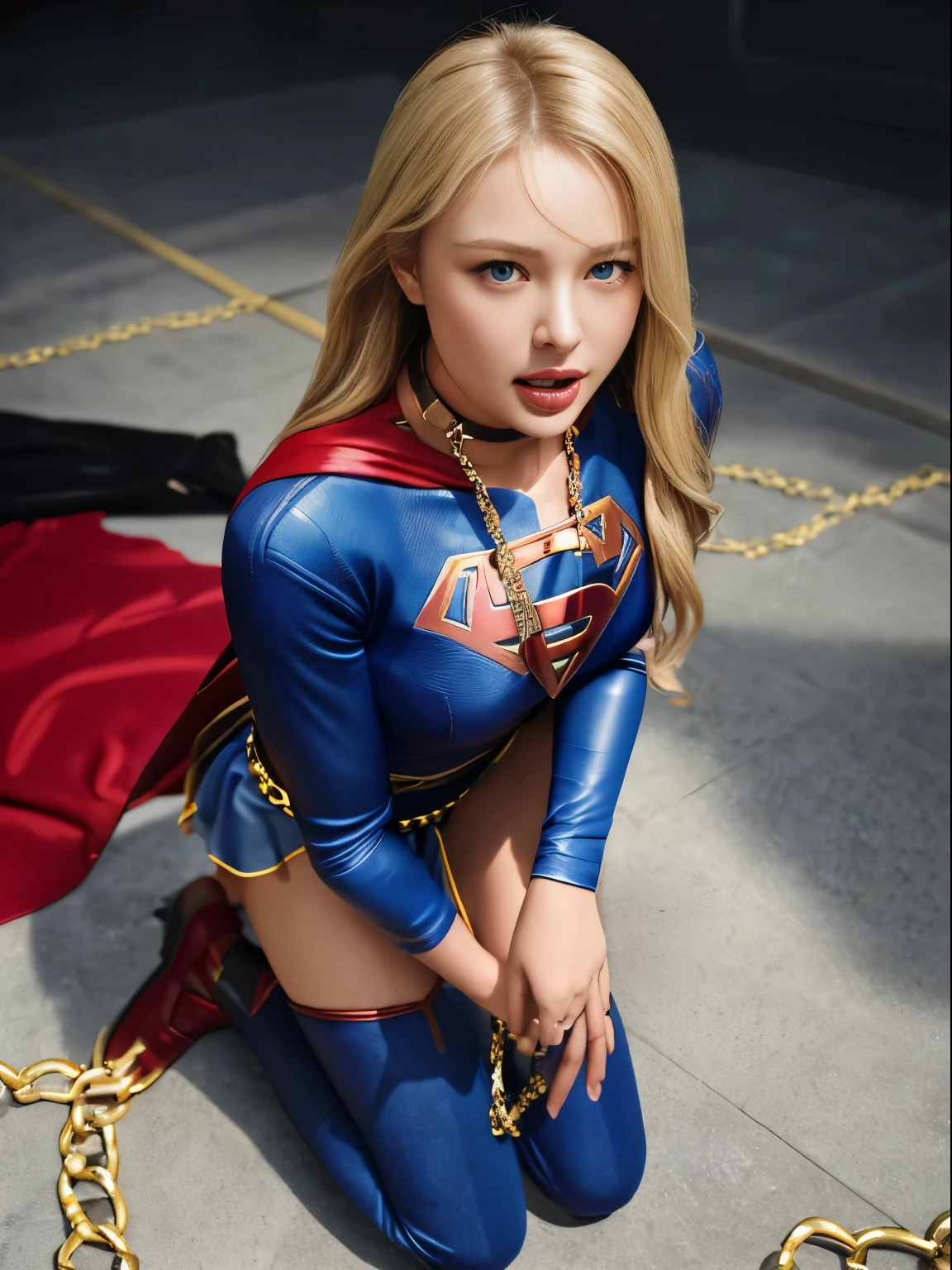 Beautuful Women，supergirl，scared，(Torn costume)，Blonde blue-eyed，(all-fours)，crawling on hands and knees，Kneeling position，Posture with buttocks sticking out，((put out the tongue))，((Drooling))，Kamimei，(Chained collar)， Cuffed，fetters, Photorealsitic，surrealism, F/1.2, 35 mm, Fuji Film, 8K, Super Detail, nffsw, masutepiece, ccurate, Anatomically correct, Textured skin, Super Detail, high details, High quality, Best Quality, hight resolution