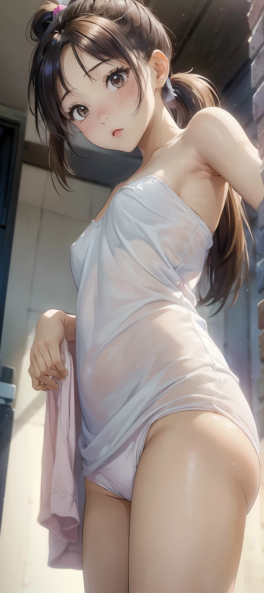 Adorable girl, round face, very kawaii, Solo , Slim , Medium Breasts , Short Stature . Glossy Skin . (((Half-naked))) . Dynamic Angle . No Background , White Background , looking at viewer, (((absurdrelushinasterpiece))), (((retina))), (((ponytail))), (((from below)))