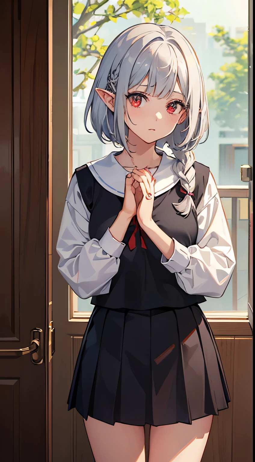 ((Embarrassing)), ((Changing clothes)), ((Put your hands on your face)), ((Slouched)), 1 Whole body of a girl, elvish, ((silber hair)), Red Eyes, bob cuts, Braided hair, student clothes, a sailor suit, inside in room, speculum, gender change, concept-art, beautiful anime scene, Beautiful anime scenery, top-quality, masterpiece, 4K