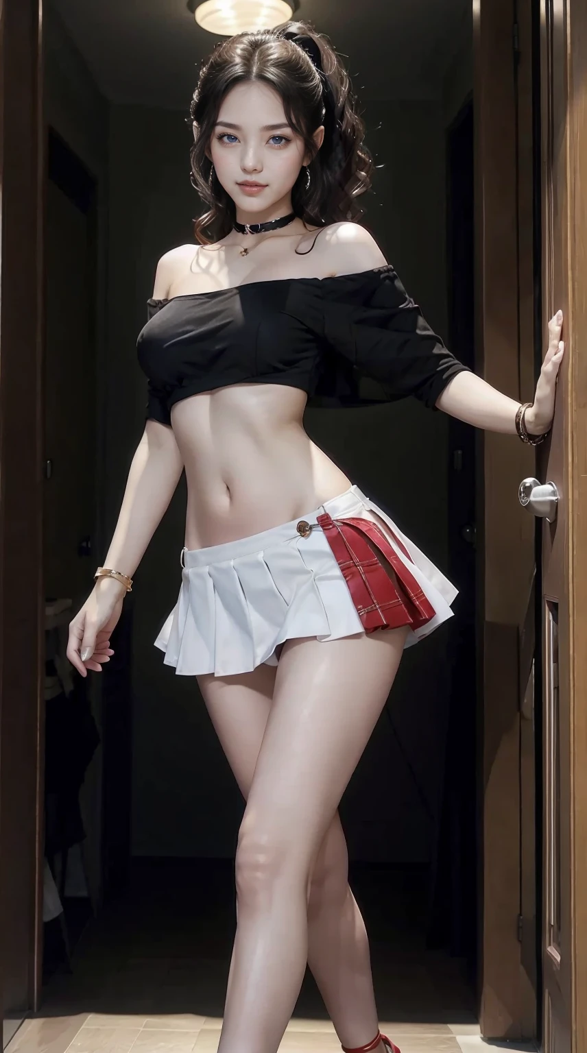 25-year-old Caucasian woman、bionde、blue eyess、Longhaire、My hair is wavy、I'm wearing eyeshadow and lipstick、accessories on the wrist、wearing a choker、Shiny skin、setting hair、a smile、slim muscular body、I don't want my head to disappear from the screen.、I'm wearing high heels、Wearing an off-shoulder top with lace、Abs are cracked、I can see the belly button、I'm wearing a mini-length pleated skirt、I'm wearing high heels、Walking down the fashion show runway