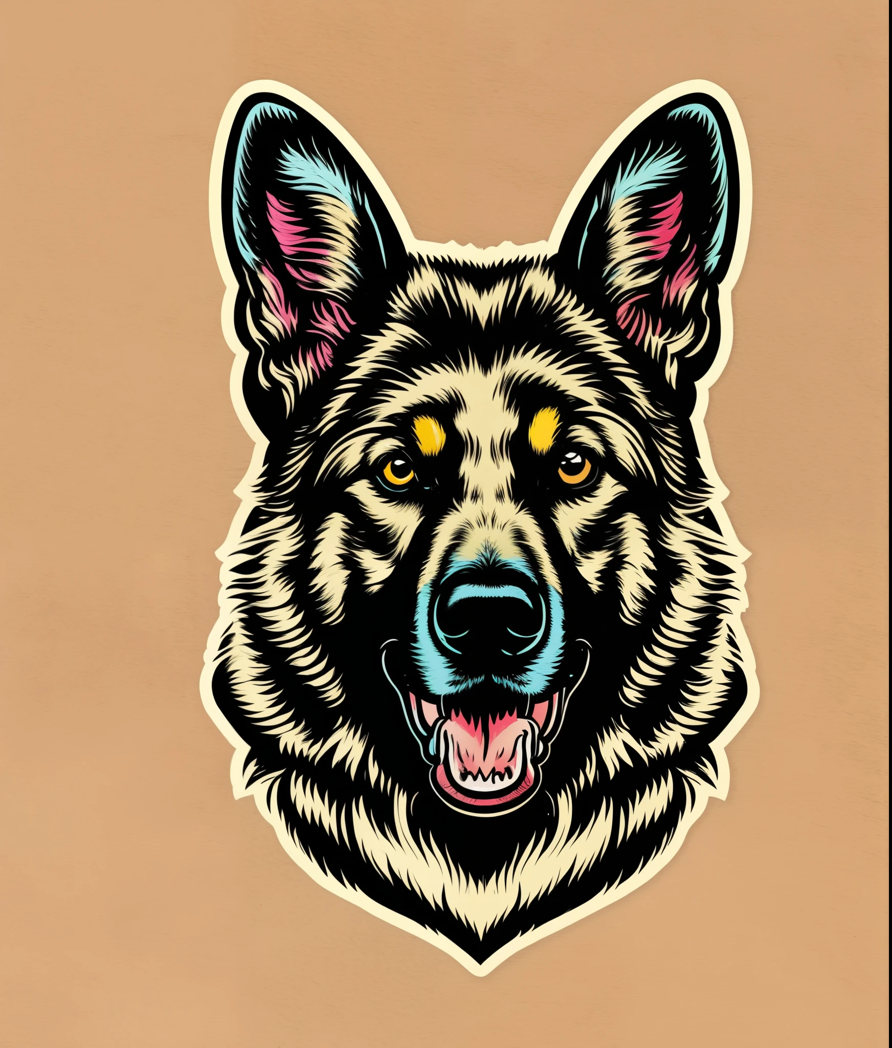 German Shepherd breed dog, colorful, vintage style, (T-shirt design), realistic volumetric light of masterpiece