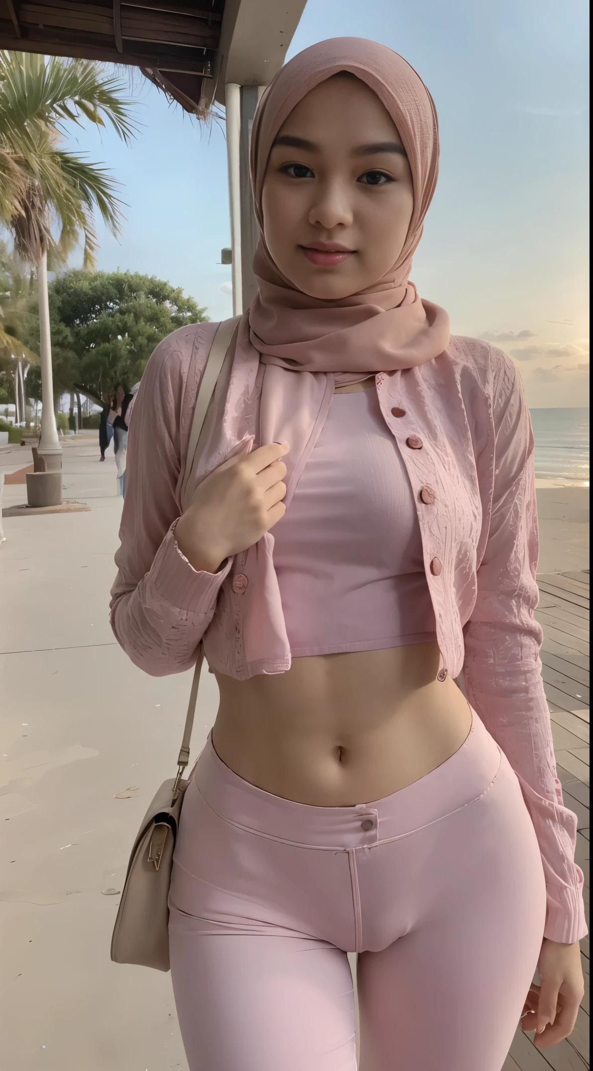 malay sexy seducing pose, sunrise beach, mira filzah:1.9), wearing hijab, pastel color hijab, unbutton jacket see a lace bra and pastel long gym outfit, small tits, small breast, flat chest, wide waist, thick thighs, bright lighting, plum cameltoe, wet cameltoe, wet, high quality, detail face, 16k, ray lighting,
