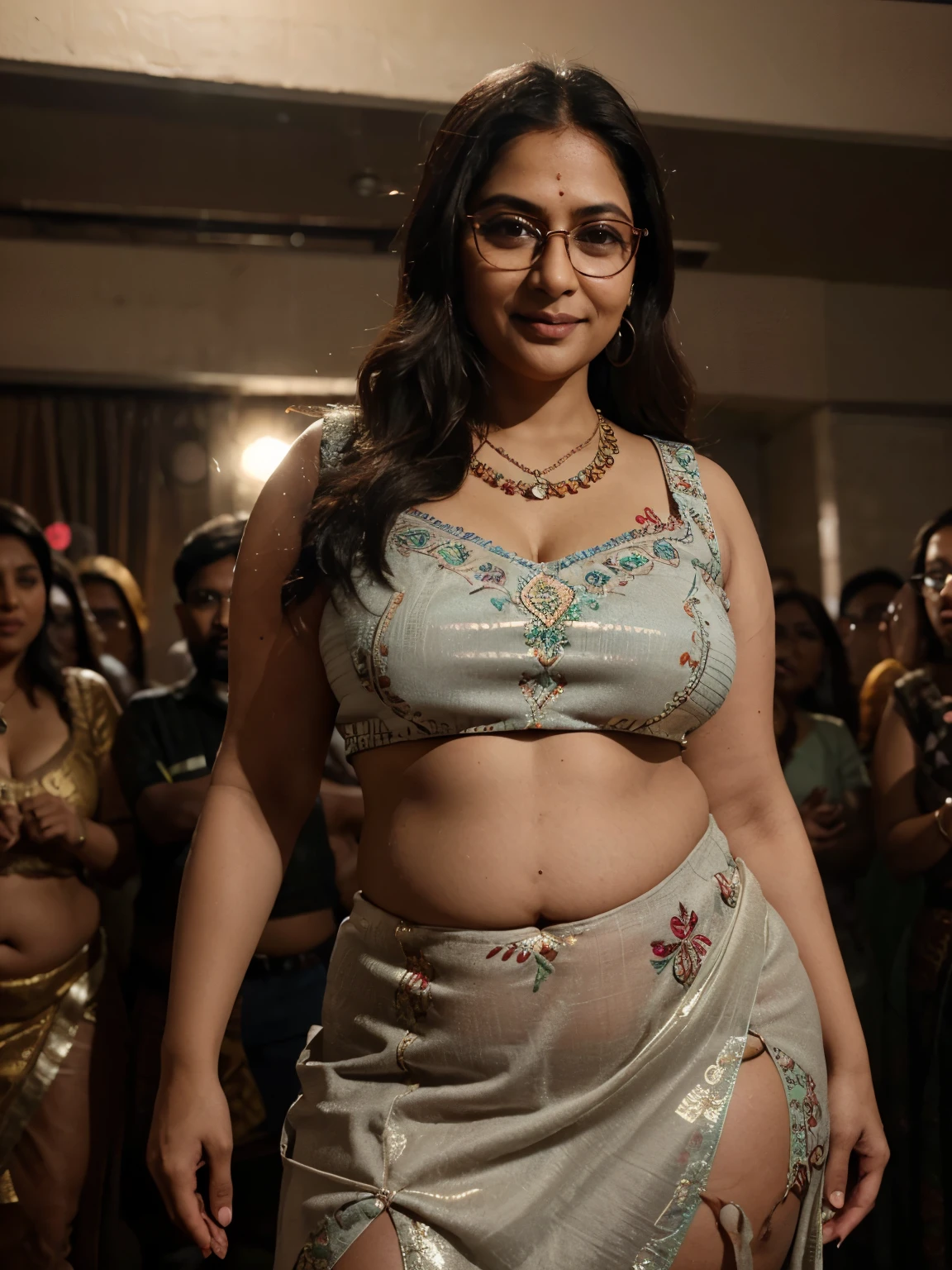 Indian whore aunty wearing embroidered crop-top and skirt with jwellery, (Middle-aged women), 40 years old, (chubby cheeks:1.2), (curvy body:1.3), (eyeglasses), (bindi), (Wrinkles at the corners of the eyes:1.2), An Indian beauty, charismatic, brown Indian- skin, view the viewer, naughty smile, in a crowded night club, (dark lighting)1.2.