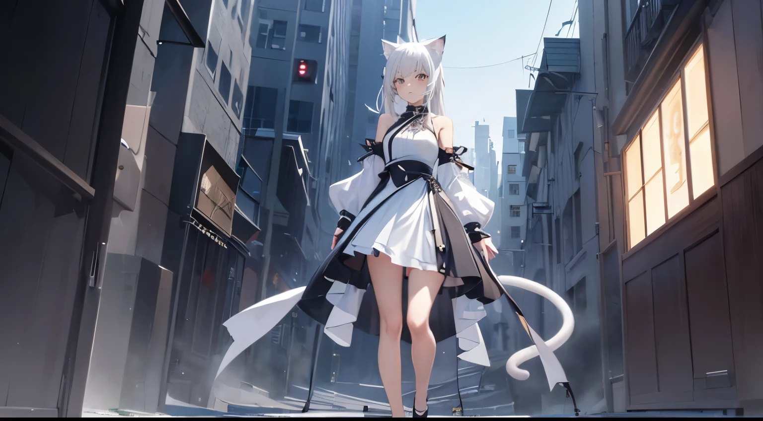 (masutepiece, Best Quality, High resolution: 1.2), 1 girl, Solo, double tails, With gray eyes, Upper body, Dress, Silver hair, Cat ears,thunder,Style ArtGerm, Full Body Detail 4K,Dreams,そしてその詳細なFull Body Detail 4K