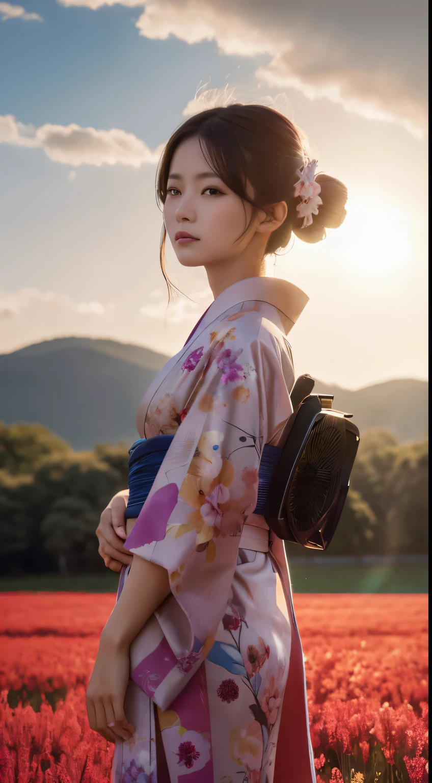 Ultra high-definition images,Super beautiful woman details,Portrait of a cute kimono woman in a bright windy field, River, (Backlighting), Realistic, masutepiece, Highest Quality, Lens Flare,  bloom, [[chromatic abberation]], Manzanedo, Digital Painting, Style - Glass Final, Natural skin texture whole body high definition painting,