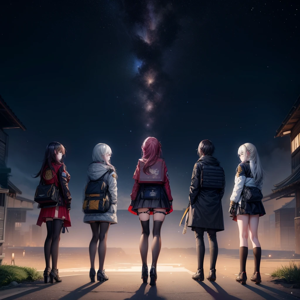 three girls and a boy are standing in front of a night sky, girls frontline universe, guweiz on pixiv artstation, girls frontline cg, 4 k manga wallpaper, artwork in the style of guweiz, best anime 4k konachan wallpaper, kantai collection style, guweiz on artstation pixiv, guweiz, girls frontline style