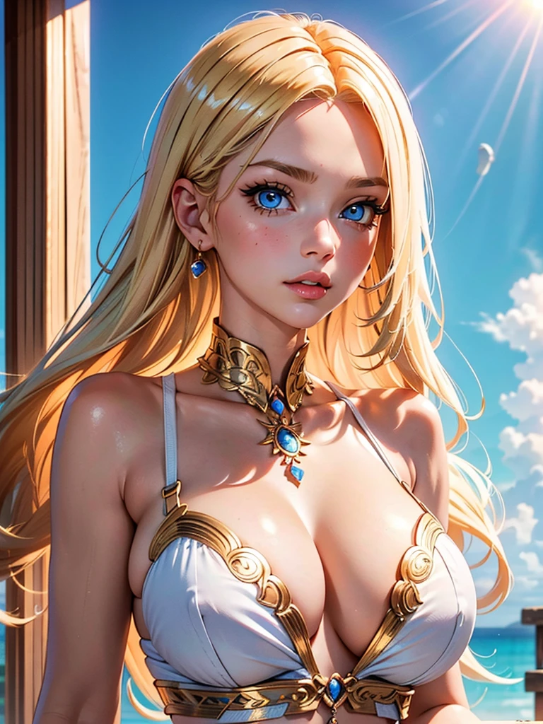 1girl, blonde hair, eyelashes, hair over one eye, blue eyes, big lips, ultra-detailed, high quality, highres, absurdres, best quality, best quality, large breasts, long hair, bright pupils, tall female, pink lips, extremely detailed, large breasts, full body, huge tits, raised chest,