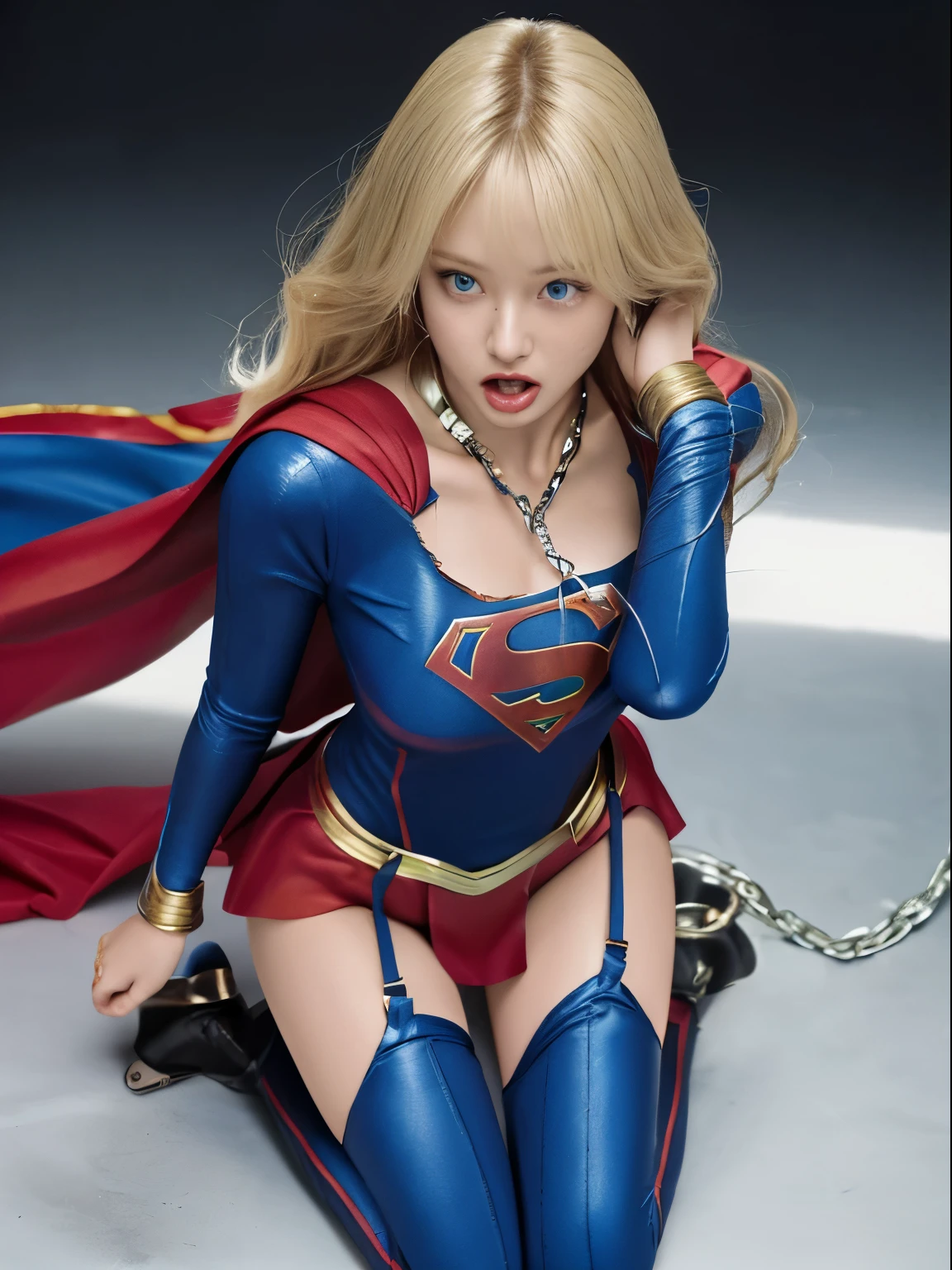 Beautuful Women,supergirl,((scared)),((Torn costume)),Blonde blue-eyed,(all-fours),crawling on hands and knees,Kneeling position,Posture with buttocks sticking out,((put out the tongue)),((Drooling)),Kamimei,(Chained collar), Cuffed,fetters, Photorealsitic,surrealism, F/1.2, 35 mm, Fuji Film, 8K, Super Detail, nffsw, masutepiece, ccurate, Anatomically correct, Textured skin, Super Detail, high details, High quality, Best Quality, hight resolution
