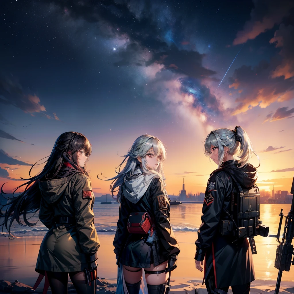 three girls and a boy are standing in front of a night sky, girls frontline universe, guweiz on pixiv artstation, girls frontline cg, 4 k manga wallpaper, artwork in the style of guweiz, best anime 4k konachan wallpaper, kantai collection style, guweiz on artstation pixiv, guweiz, girls frontline style