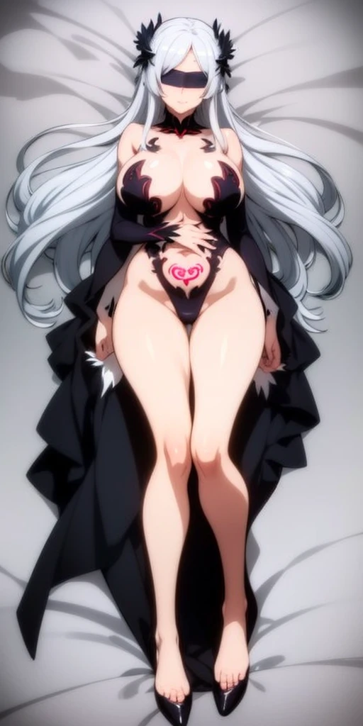 SFW, anime girl laying in bed with clothing cover her big chest, long white hair, seductive anime girl, white haired deity, anime woman fullbody art, perfect white haired girl, full body;, anime barbie in white stockings, white haired, full body picture, extremely detailed artgerm, black blindfolded,  slave tatto on crotch