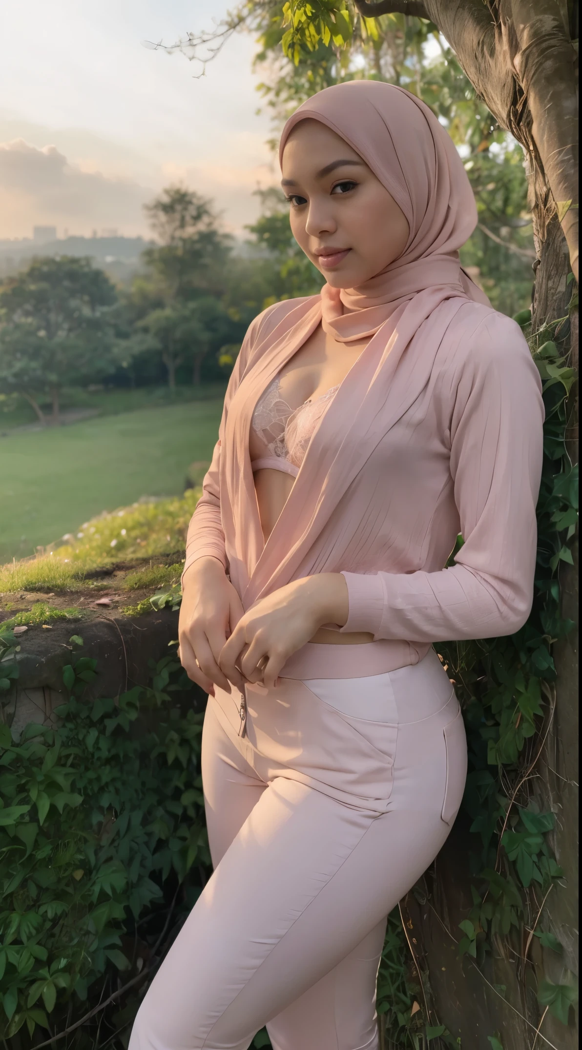 malay sexy seducing pose, sunrise,forest mossy,waterfall view, mira filzah:1.9), wearing hijab, pastel color hijab, unbutton jacket see a lace bra and pastel long gym outfit, small tits, small breast, flat chest, wide waist, thick thighs, bright lighting, plum cameltoe, wet cameltoe, wet, high quality, detail face, 16k, ray lighting,