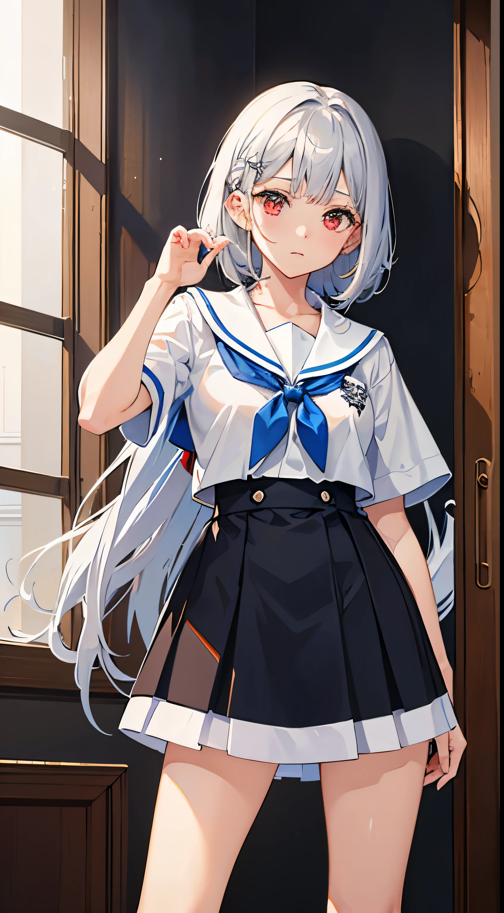 ((Embarrassing)), ((Changing clothes)), ((Put your hands on your face)), ((Slouched)), 1 Whole body of a girl, elvish, ((silber hair)), Red Eyes, bob cuts, Braided hair, student clothes, a sailor suit, inside in room, speculum, gender change, concept-art, beautiful anime scene, Beautiful anime scenery, top-quality, ​masterpiece, 4K