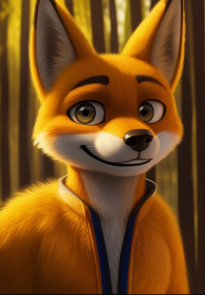 Foxtomas looking at the viewer with a very cool smile A realistic background of a forest and golden angel wings