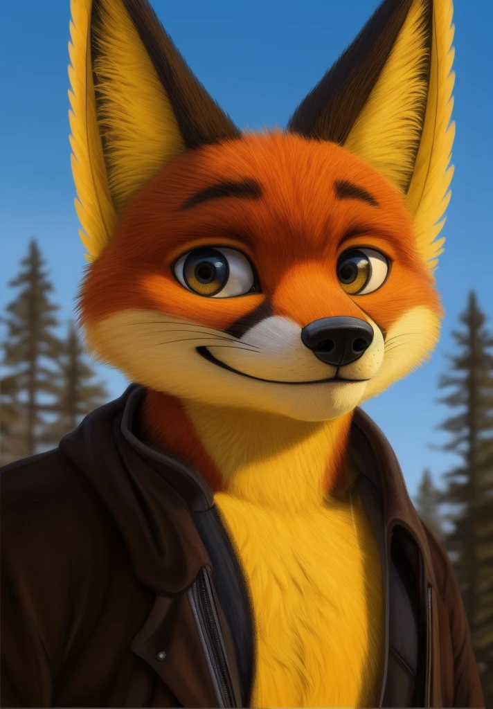 Foxtomas looking at the viewer with a very cool smile A realistic background of a forest and golden angel wings