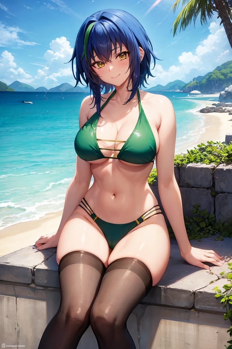 masterpiece, best quality, best aesthetic, anime, ultra detailed,
xenovia quarta, 1girl, (blue,green hair, yellow eyes:1.1025), (wide hips:1.1025), (large breasts:1.1025), (midriff:1.1025), (navel:1.1025), xenovia_bikini, (green bikini, multi-strapped bikini :1.2), long legs, cowboy shot, looking at viewer, (smile, closed mouth:1.2), front view, arms at sides, outdoors, beach, sunlight,