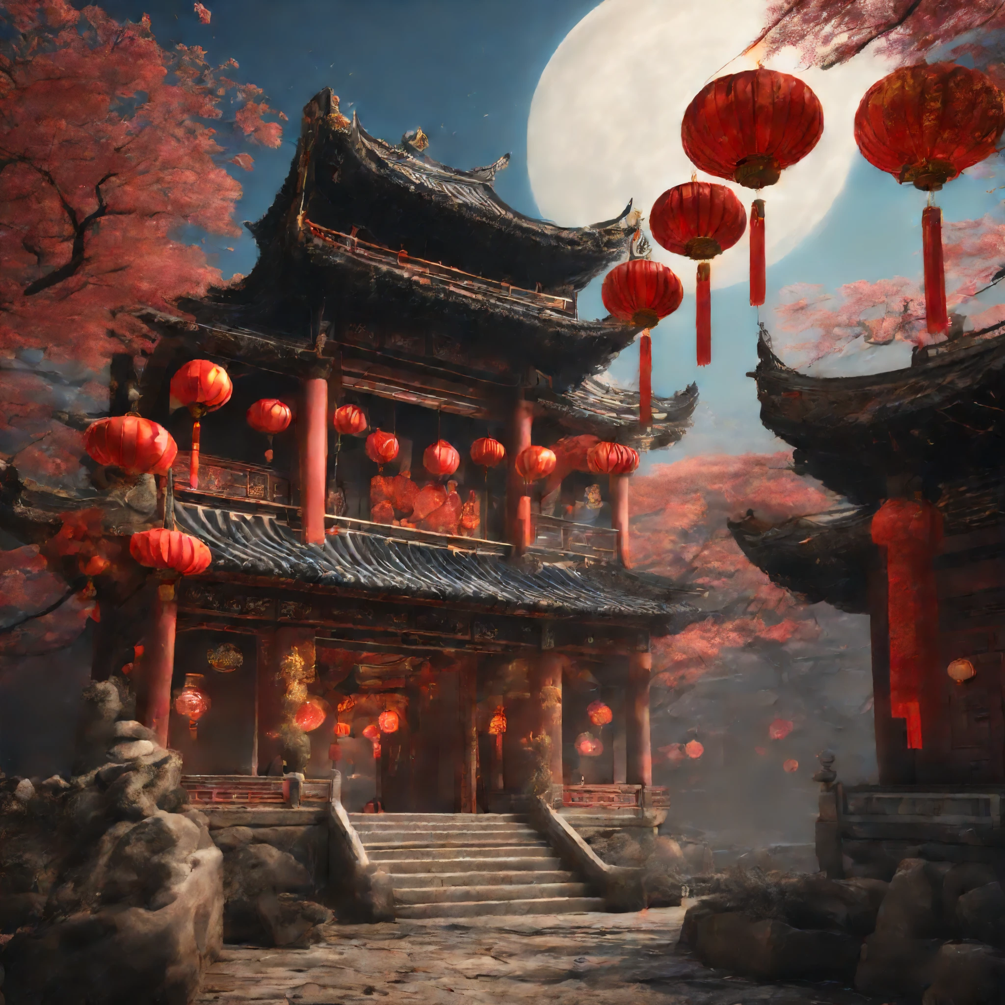 Ancient Chinese city，（（natta））themoon，The house is filled with Chinese New Year decorations（（（tmasterpiece）））， （（Best quality））， （（intricately details））， （（hyper realisitc））（8K）