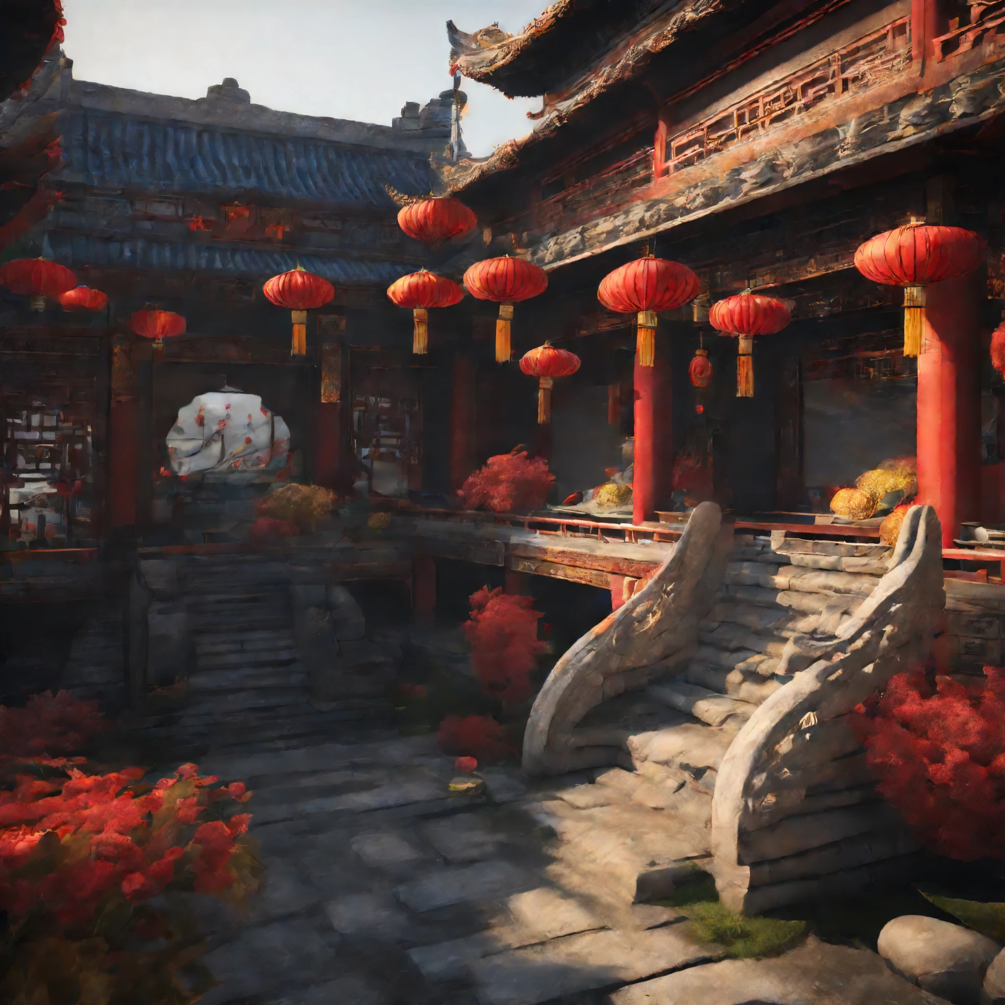 Ancient Chinese city，（（natta））themoon，The house is filled with Chinese New Year decorations（（（tmasterpiece）））， （（Best quality））， （（intricately details））， （（hyper realisitc））（8K）