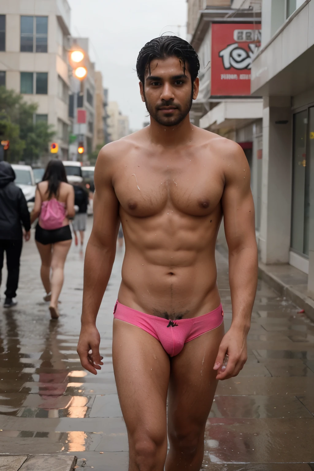Naked wet hairy desi man wearing a bright pink jockstrap walking in the street under the rain