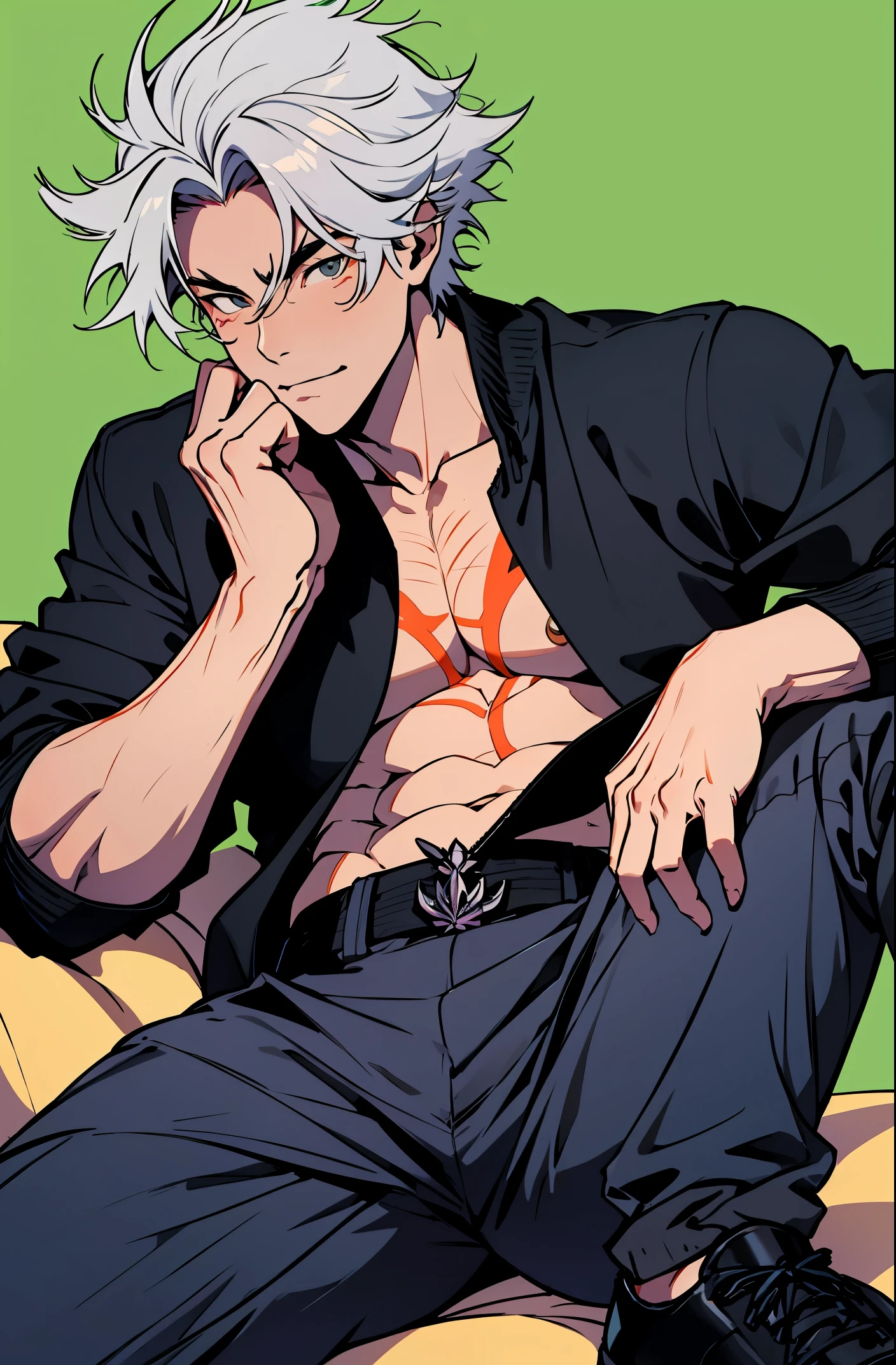 ((best quality)), ((masterpiece)), (detailed), perfect face, mizuki, Kamisama, boy, naked chest, flat chest, short spike hair, white hair, mint green eyes, smile, smirking, side looking, messy hairstaly