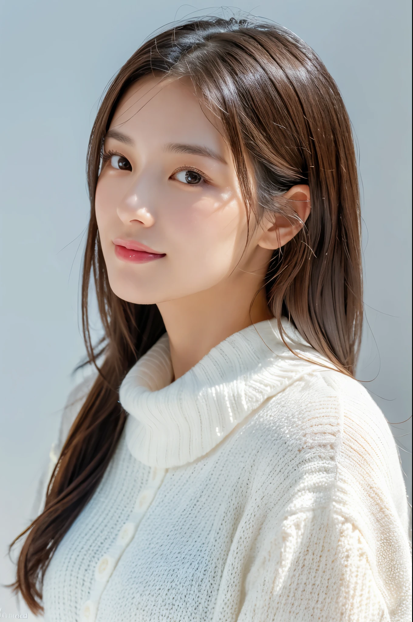 Models with calm and peaceful poses, In a calm and quiet environment.,shandy,Young japanese lady, 30s, White background, It features a simple背景, white-brown hair, slender, 4K, in 8K, High quality, Beauty, Beautiful eyes, It features a simple, High resolution,1 person,Beautiful skins,Beautiful skin,wearing a white knit,Winters,lipsticks,A slight smil,profile