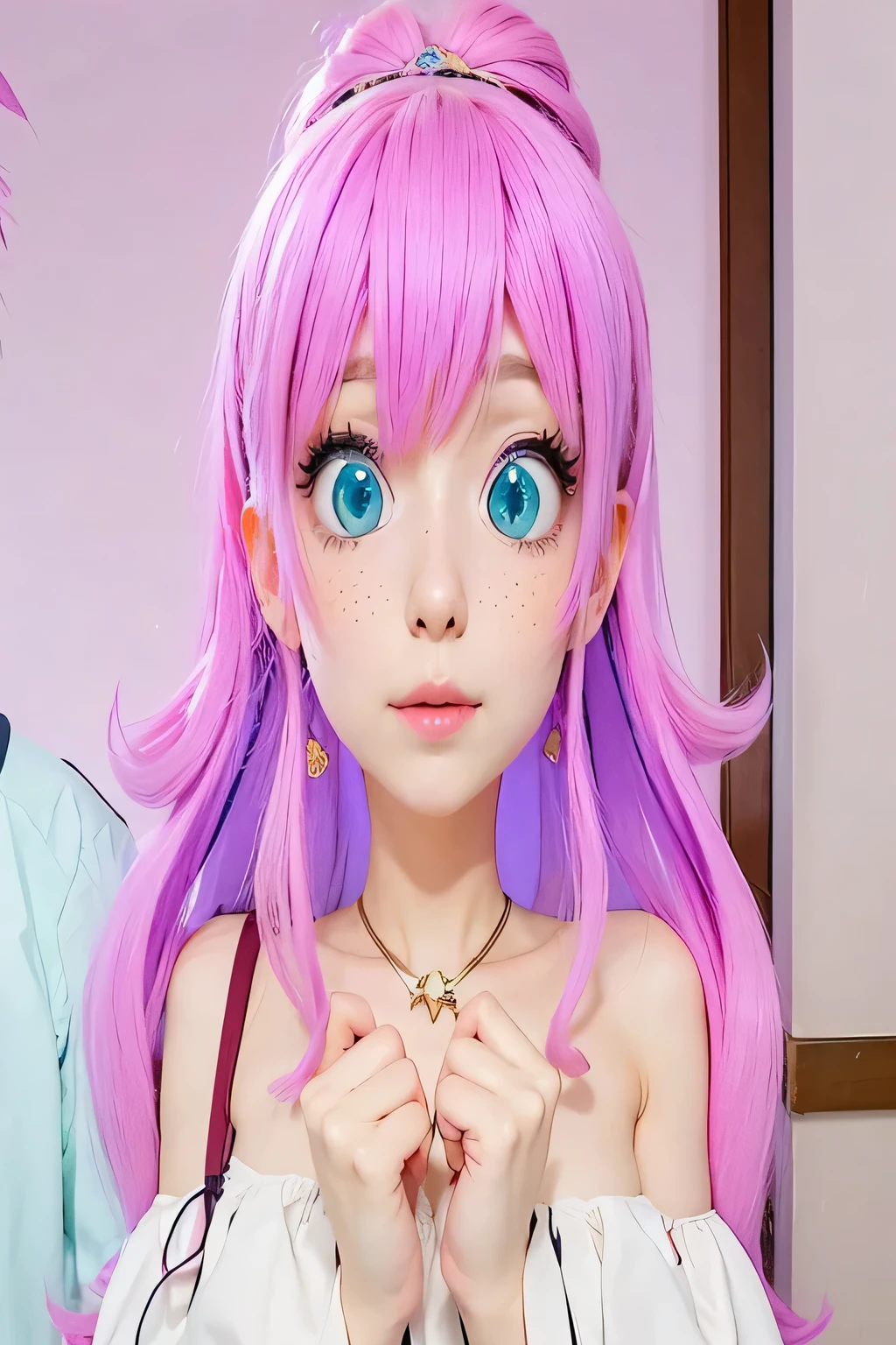 girl with pink hair and blue eyes in a room, moe artstyle, she has a cute expressive face, seductive girl, pink twintail hair and cyan eyes, as an anime character, my dress up darling, beautiful alluring picture