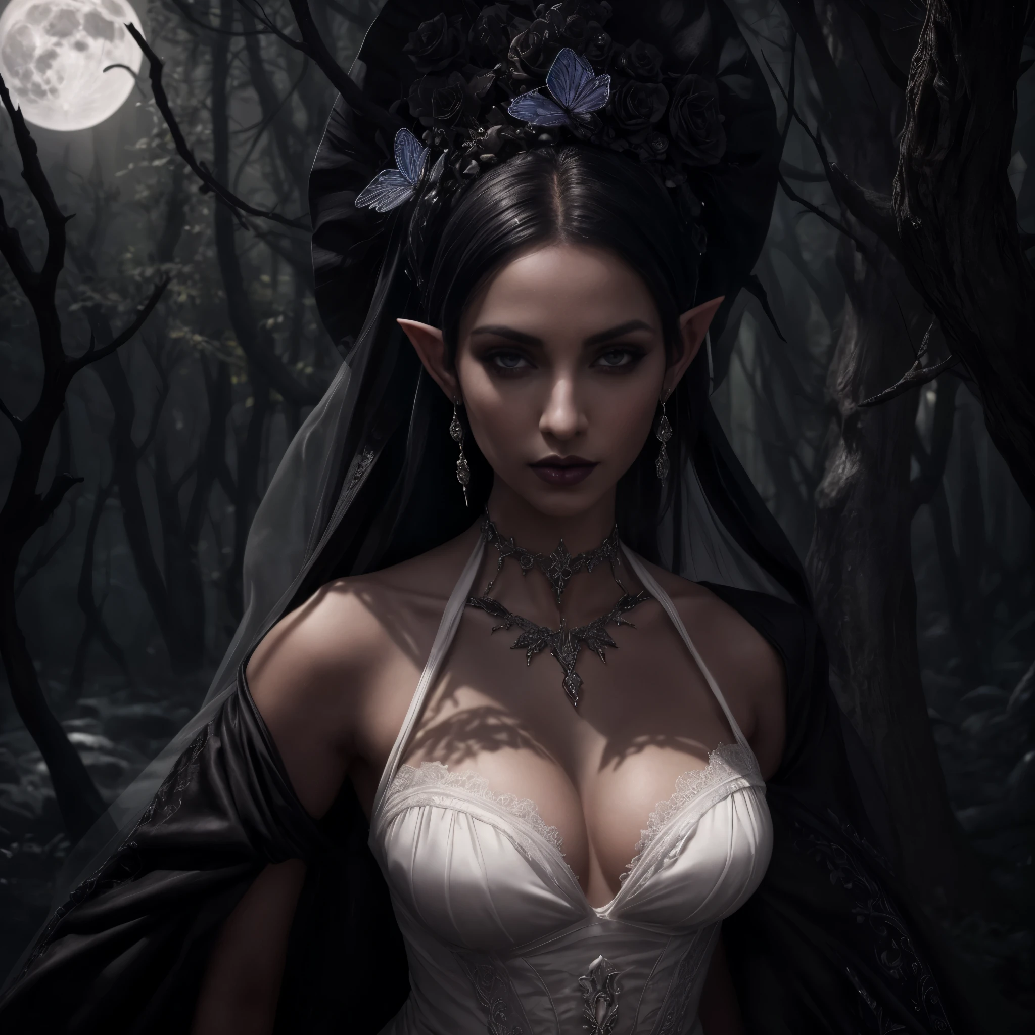 Masterpiece, A beautiful dark elf, hot, horny, sexy, with black hair, full lips, full breasts, silky and pale skin, wearing earrings and piercings, wearing buns on her head with a butterfly, wearing a white veil, wearing a white silk dress, with full moon in the background in the night sky, with two dry trees by her side, Gothic elf Goddess, hyperrealistic elf in white, Photorealistic portrait of a beautiful gothic elf, a beautiful art of the underworld elf, beautiful hyperrealistic elf with intricate details, elf queen of the underworld.