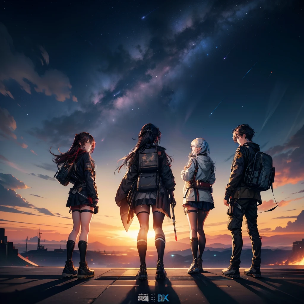 three girls and a boy are standing in front of a night sky, girls frontline universe, guweiz on pixiv artstation, girls frontline cg, 4 k manga wallpaper, artwork in the style of guweiz, best anime 4k konachan wallpaper, kantai collection style, guweiz on artstation pixiv, guweiz, girls frontline style