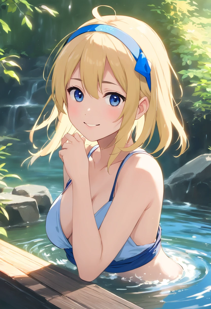 ((((Celes Shere)))), ((1Little Girl)), 15 year old, (((Blonde long hair))), The hair elastic holds the hair together.., (unwinding perm), ((brow)), (((blue hairband))), (Black eyes), ((Medium Tits)), soft skin, ((a beauty girl)), Light skin,
((no clothes)), (((no panty))), (((No bra))), (In the hot springs), ((Smile)), Open mouth,