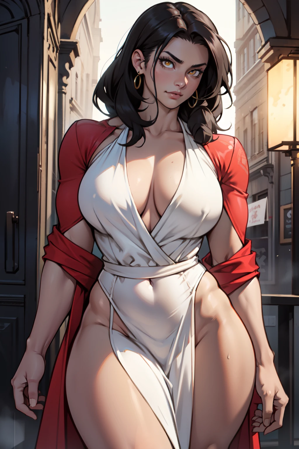 girl muscular toned body perfect anatomy large breasts thick thighs athletic black hair yellow eyes pale skin girl muscular toned body perfect anatomy large breasts thick thighs athletic evening gown evening gown intricate highly detailed