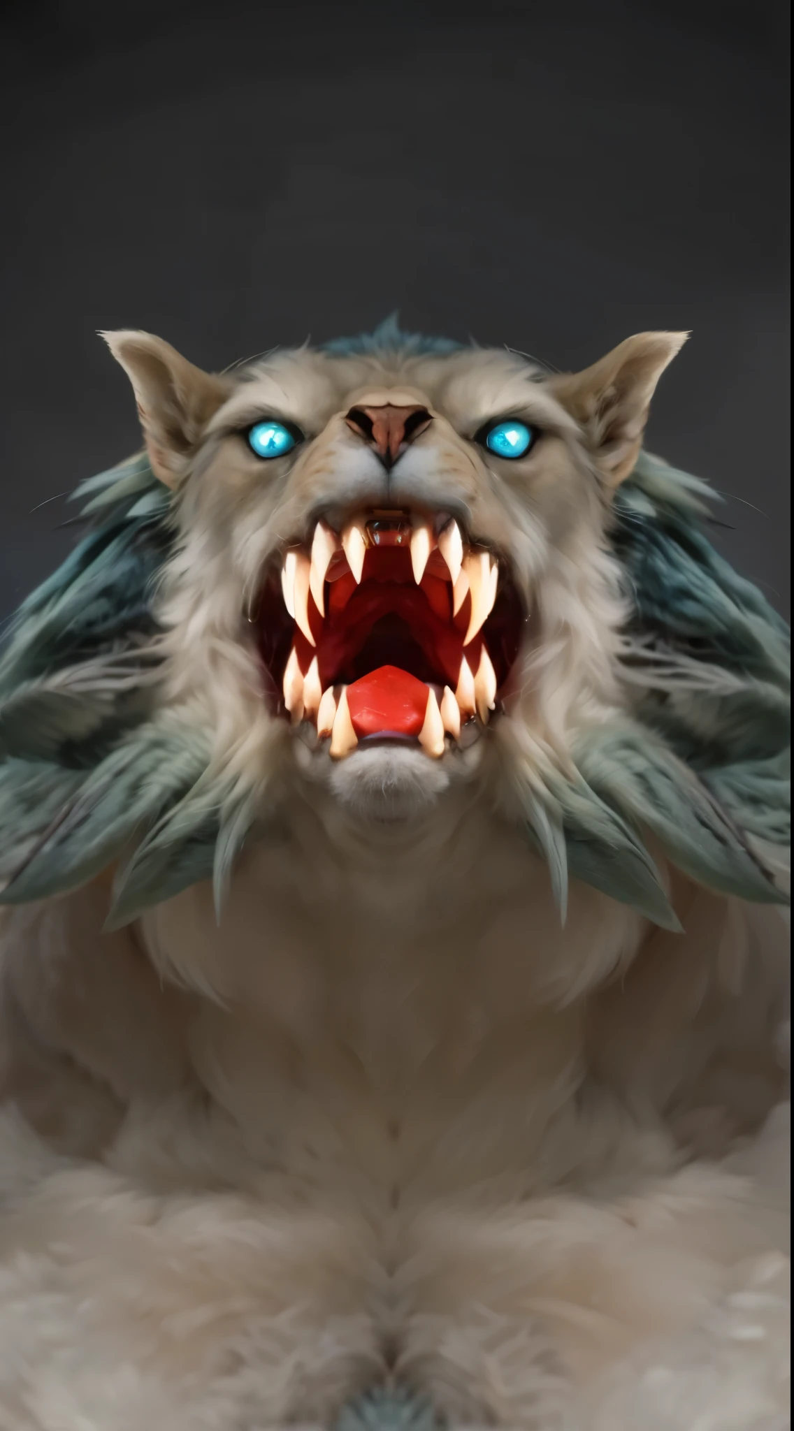 (masterpiece),(best quality:1.0),(ultra high resolution:1.0),monster, werewolf, blue hair, blue eyes, mane, menacing look,claws, fangs, lion's mane,hair around the neck, wolfteam, face focus, 8k wallpaper, full body