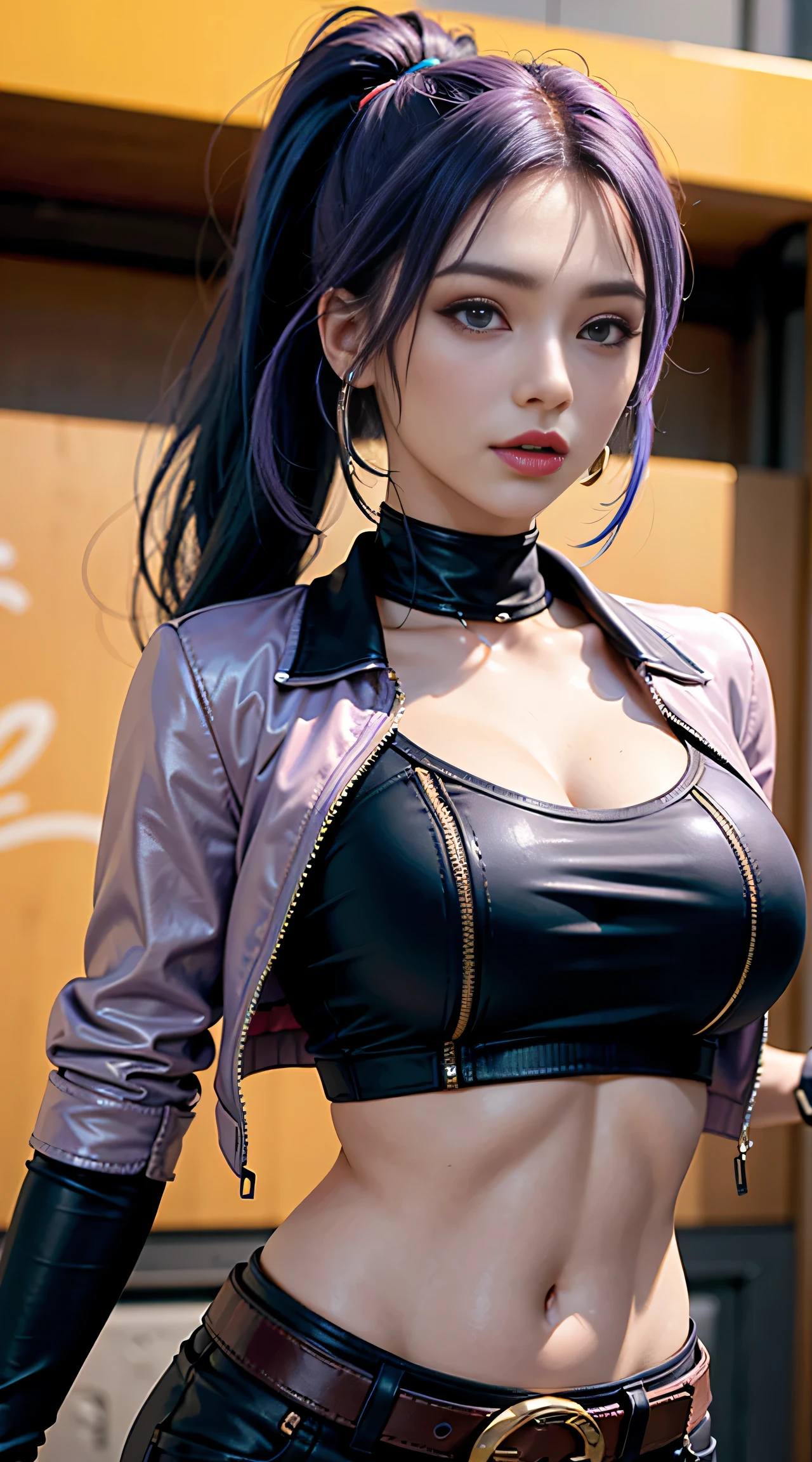 sfw, best quality,masterpiece,8k wallpaper,absurdres, highres, ultra detailed, (ung beautiful girl, solo:1.1),k/da (league of legends), navel,fingerless gloves, cropped jacket,jacket, multicolored hair, samurai ponytail (loanword)ï1/4belt, earrings, blonde hair, crop top, midriff, akali, makeup,purple hair, open jacket,two-tone hair, open clothes, blue eyes, lips, earrings, belt buckle, black hair, breasts, black pants, hoop earrings, standing, blue gloves, blue hair, zipper,BREAK
, wearing bra,((skinny waist)), young asian girl, ((big boobs)),