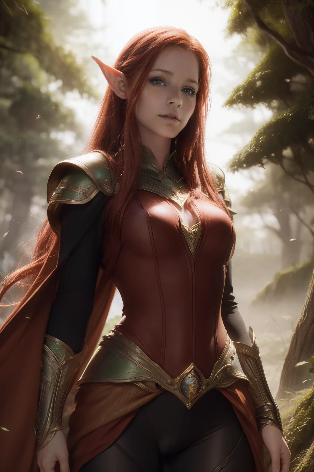 Fantasy, medieval, ((best quality)), ((masterpiece)), (detailed), perfect face, beautiful sexy elf, standing, heroic pose, redhead, big eyes, green eyes, black eyeliner, freckles, laurel crown, elven armor, cameltoe, outdoors, gloomy forest, battlefield