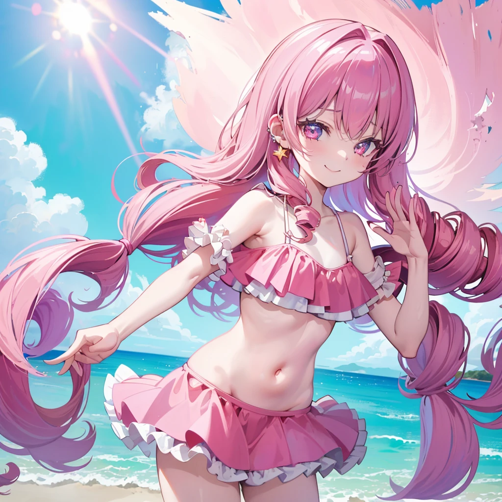 （masterpiece）、(highest quality)、((Super detailed))、(super delicate)、Cute naughty swimsuit idol、Pastel colors hair、beautiful breasts、Beautiful butt、Gorgeous、Fantastic starry sky、beautiful sea、Wet and see-through