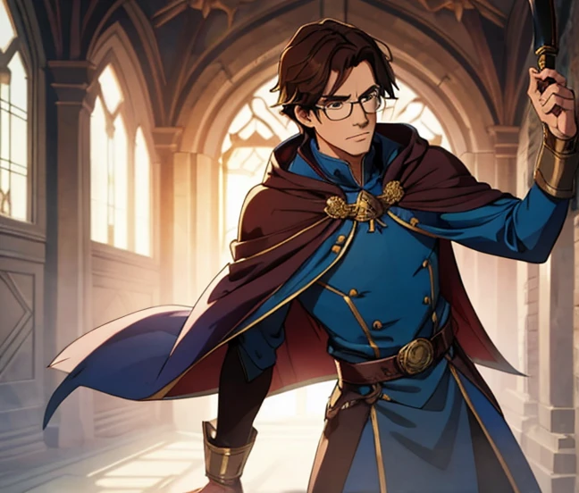 Male, guard, blue cloak, magic, brown hair, glasses.